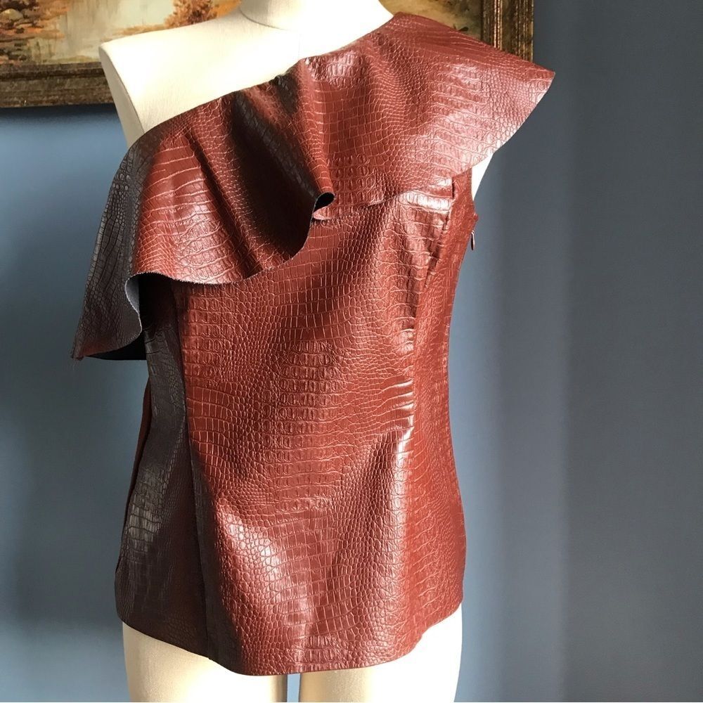 INC International Concepts brown faux croc embossed leather one shoulder top M
